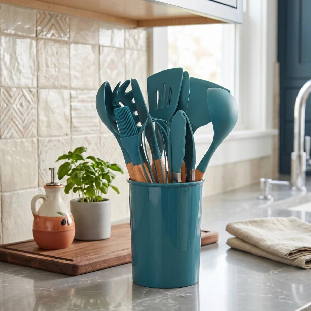 Silicone Kitchen Cooking Utensils Set With Utensil Holder For Everyday Meal Preparation