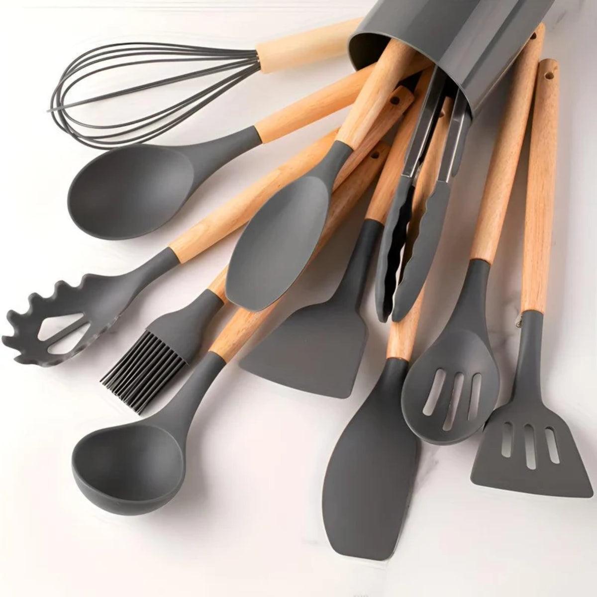 Silicone Kitchen Cooking Utensils Set With Utensil Holder For Everyday Meal Preparation