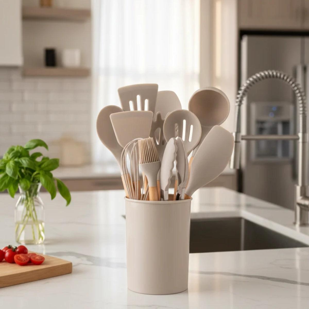Silicone Kitchen Cooking Utensils Set With Utensil Holder For Everyday Meal Preparation