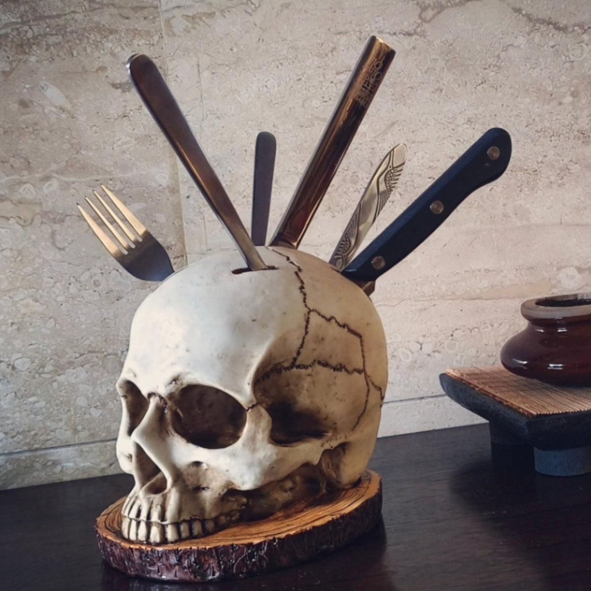Skull Knife Holder With Halloween Gothic Decor Design
