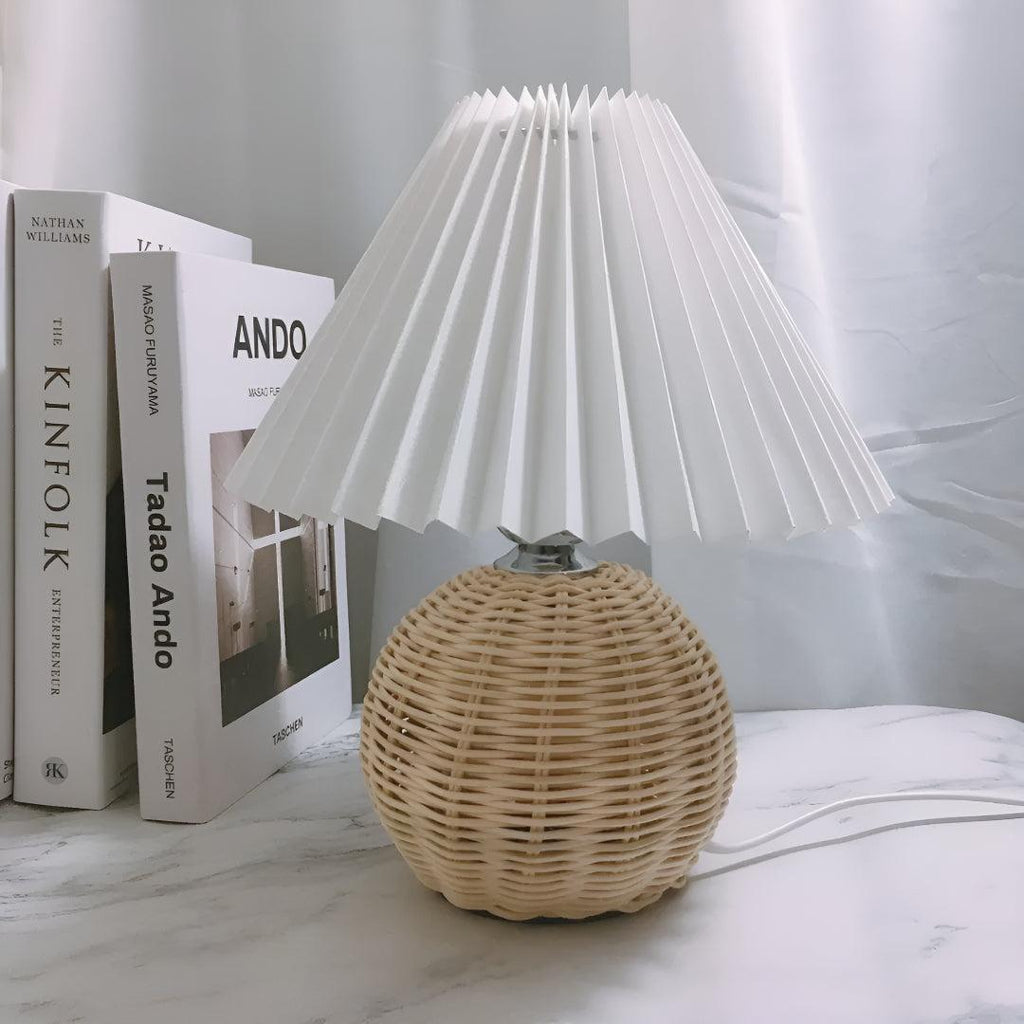 Small Woven Table Lamp Light With Pleated Shade