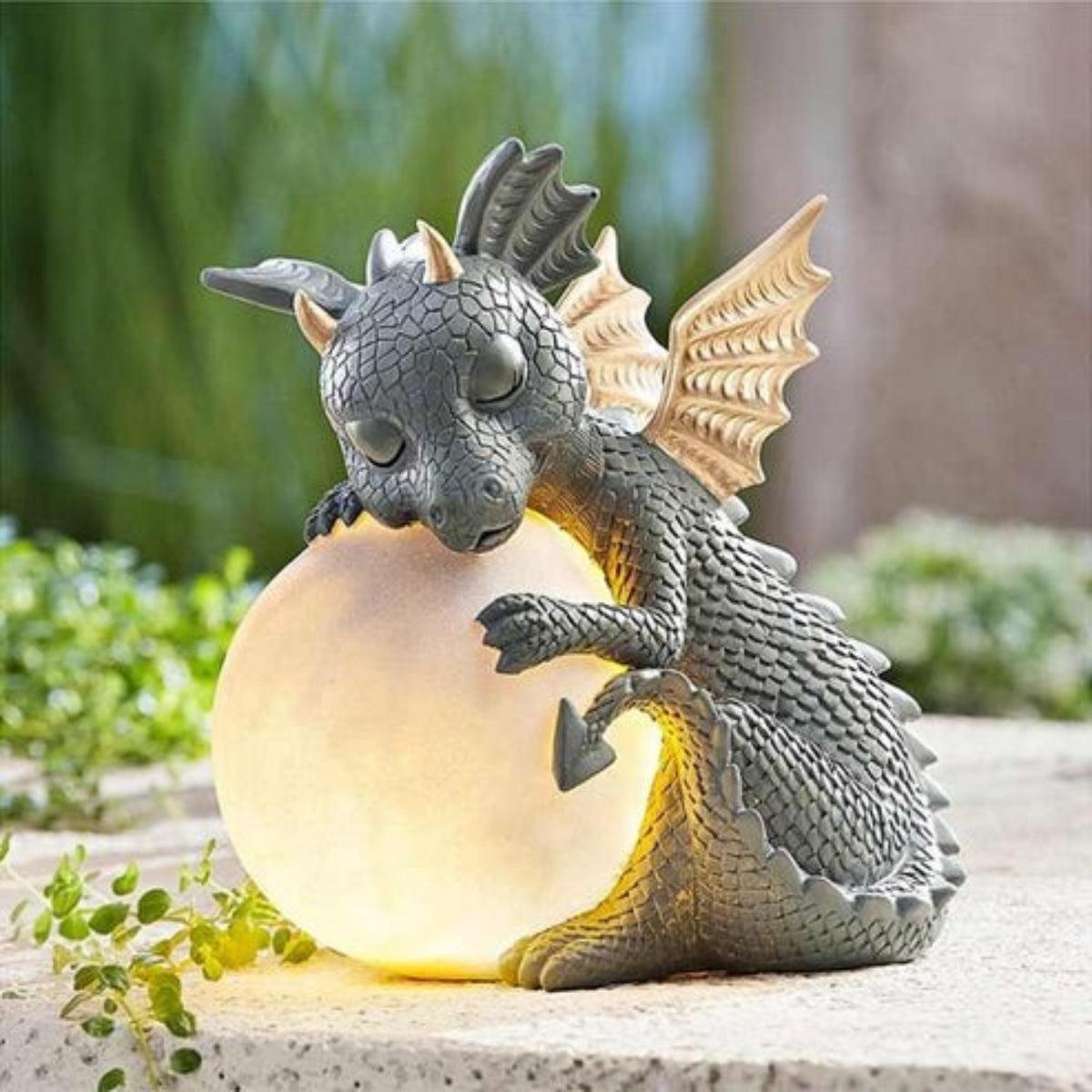 Solar Powered Dragon Garden Statue With Enchanting Glowing Accent Globe
