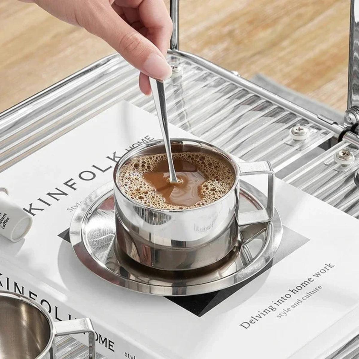 Stainless Steel Double Wall Insulated Espresso Coffee Cup With Saucer And Stirring Spoon
