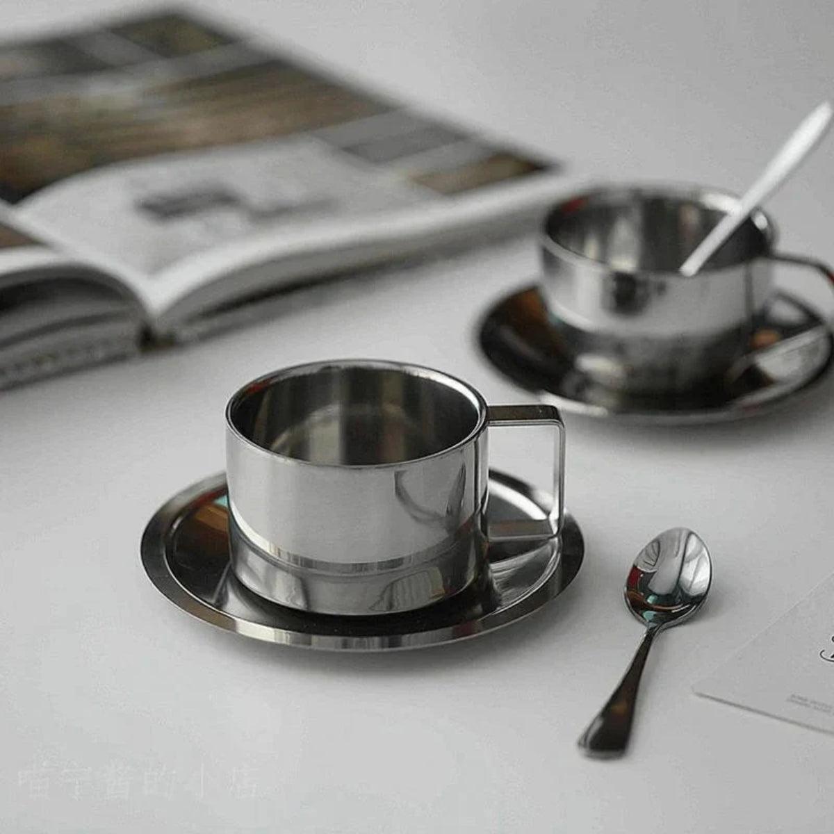 Stainless Steel Double Wall Insulated Espresso Coffee Cup With Saucer And Stirring Spoon