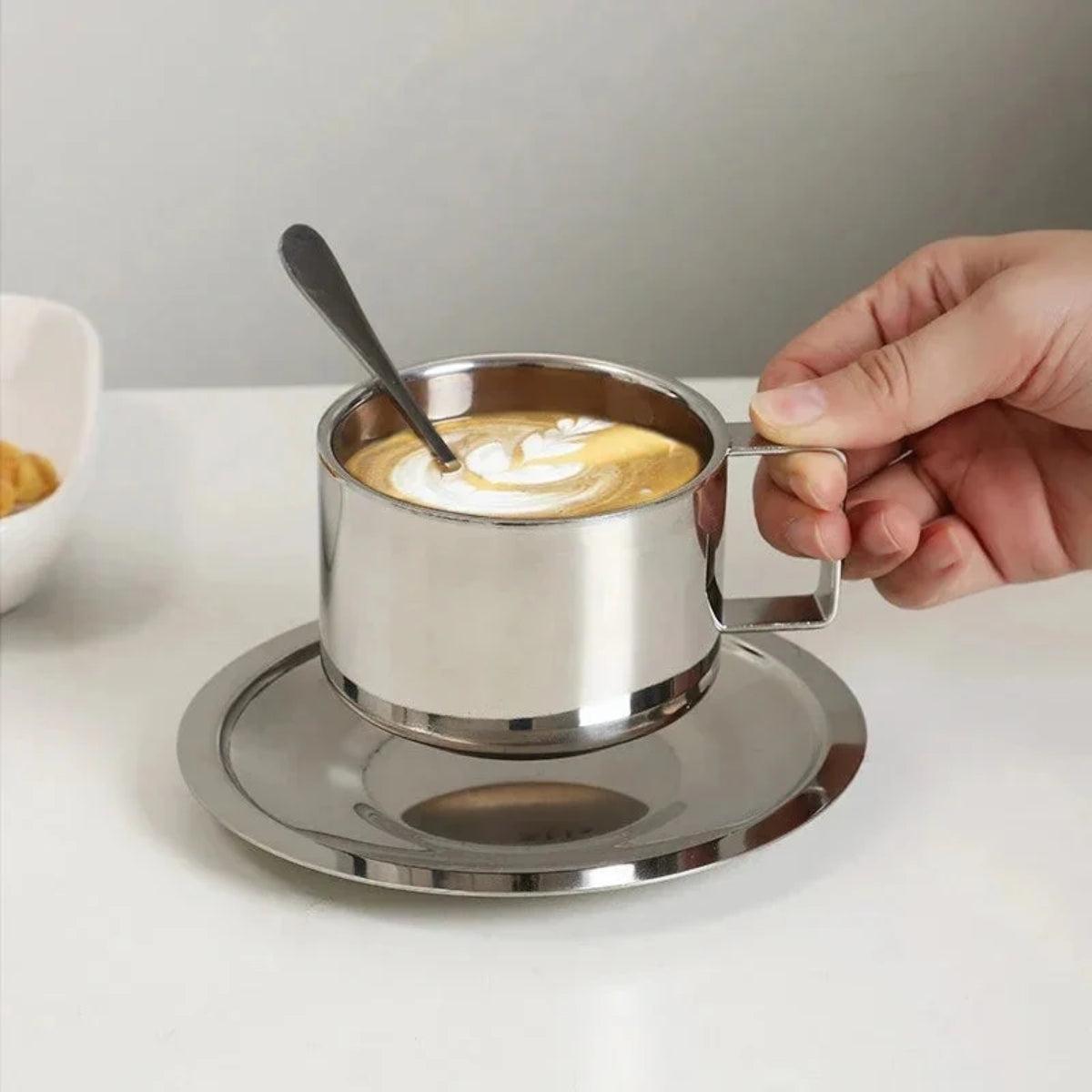 Stainless Steel Double Wall Insulated Espresso Coffee Cup With Saucer And Stirring Spoon