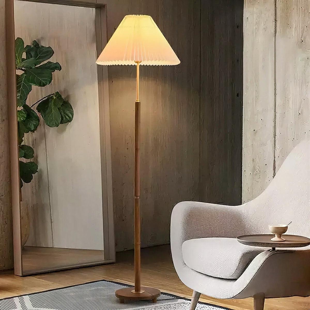 Standing Floor Lamp With Pleated Cone Shade For Living Room