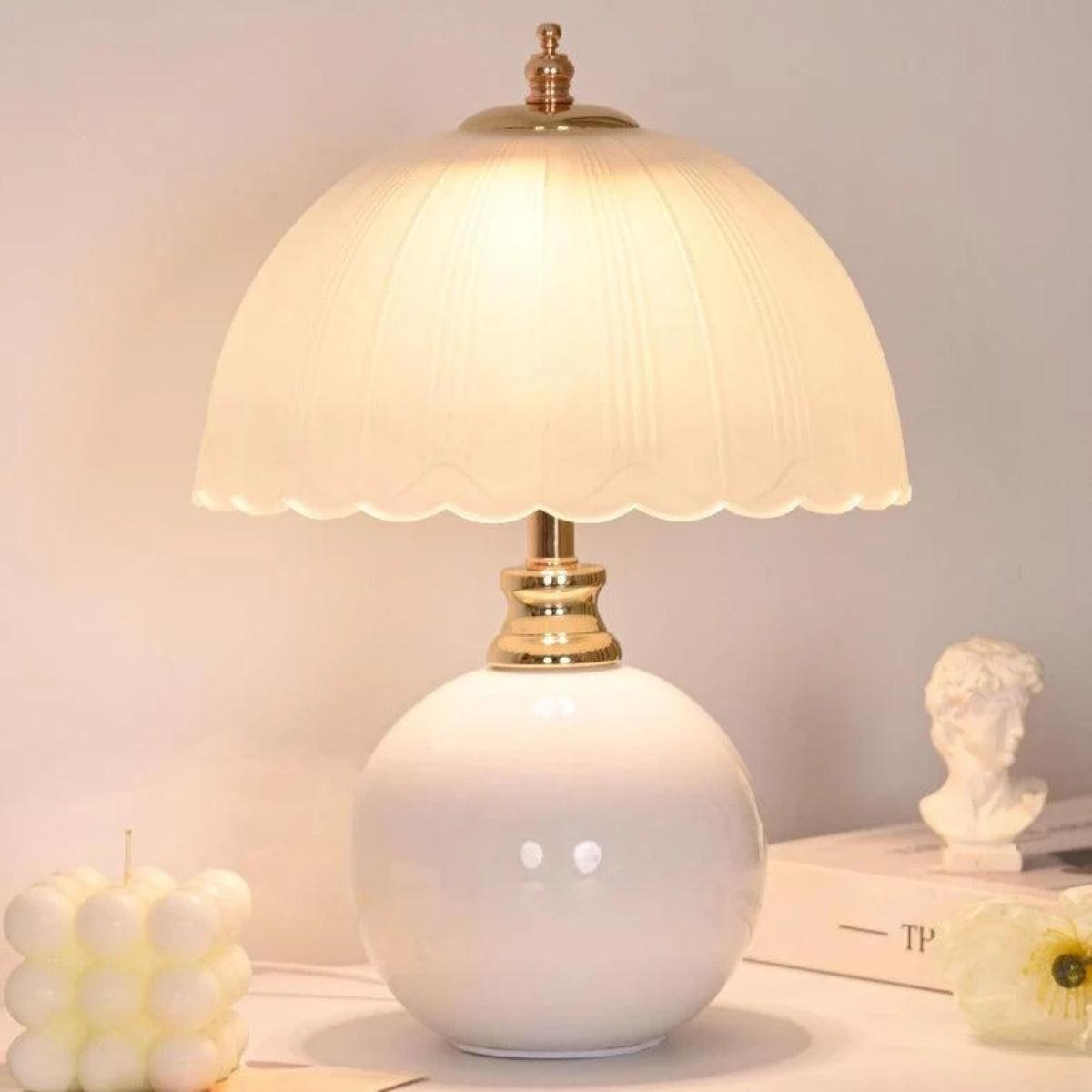 Table Lamp With Spherical Round Base And Scalloped Shade