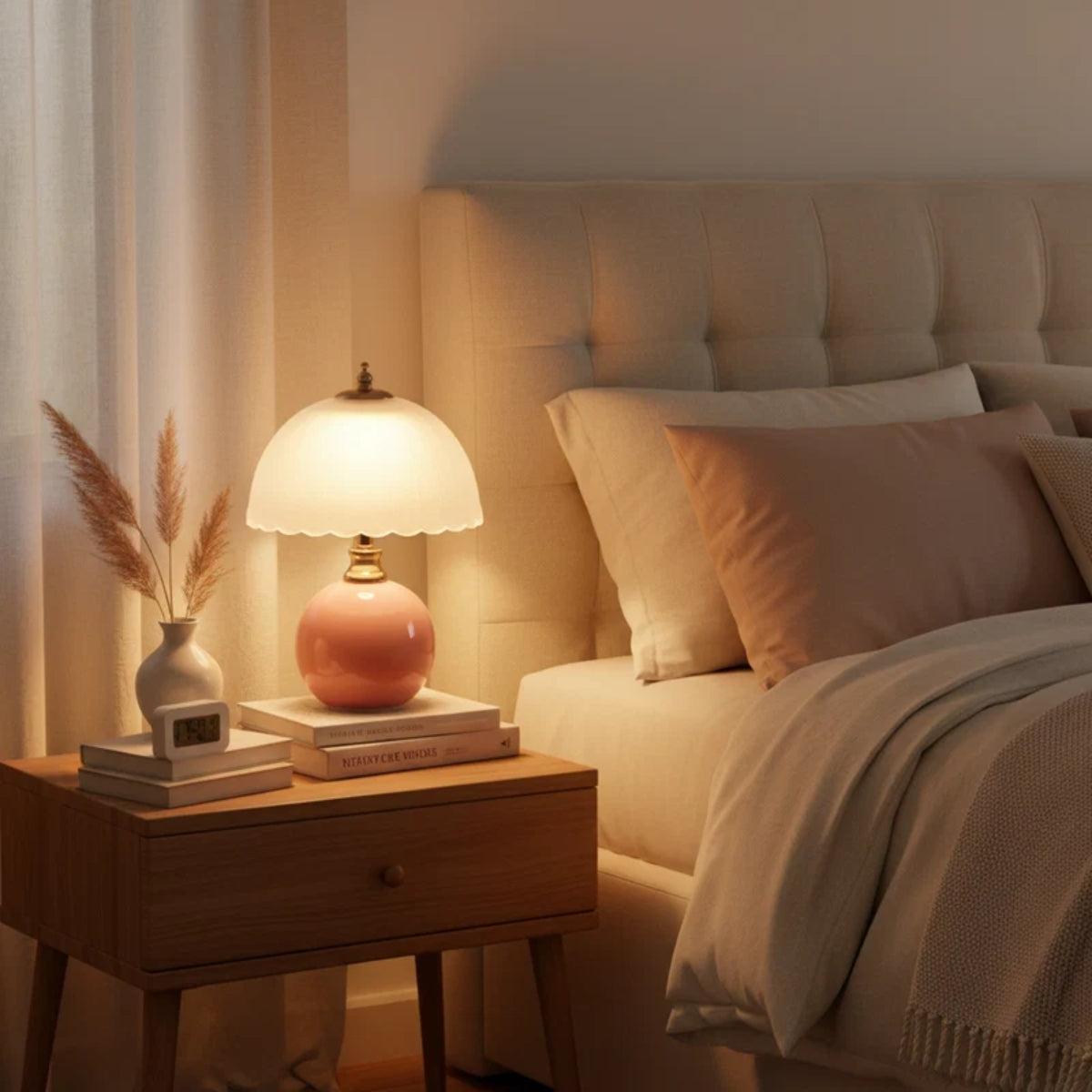 Table Lamp With Spherical Round Base And Scalloped Shade