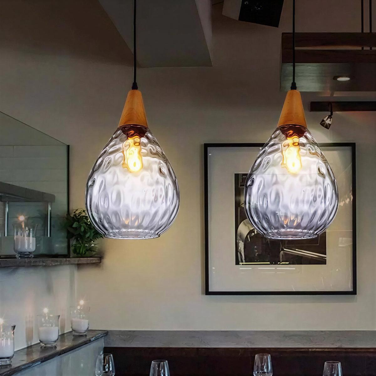 Teardrop Pendant Light With Glass Shade And Wooden Accent