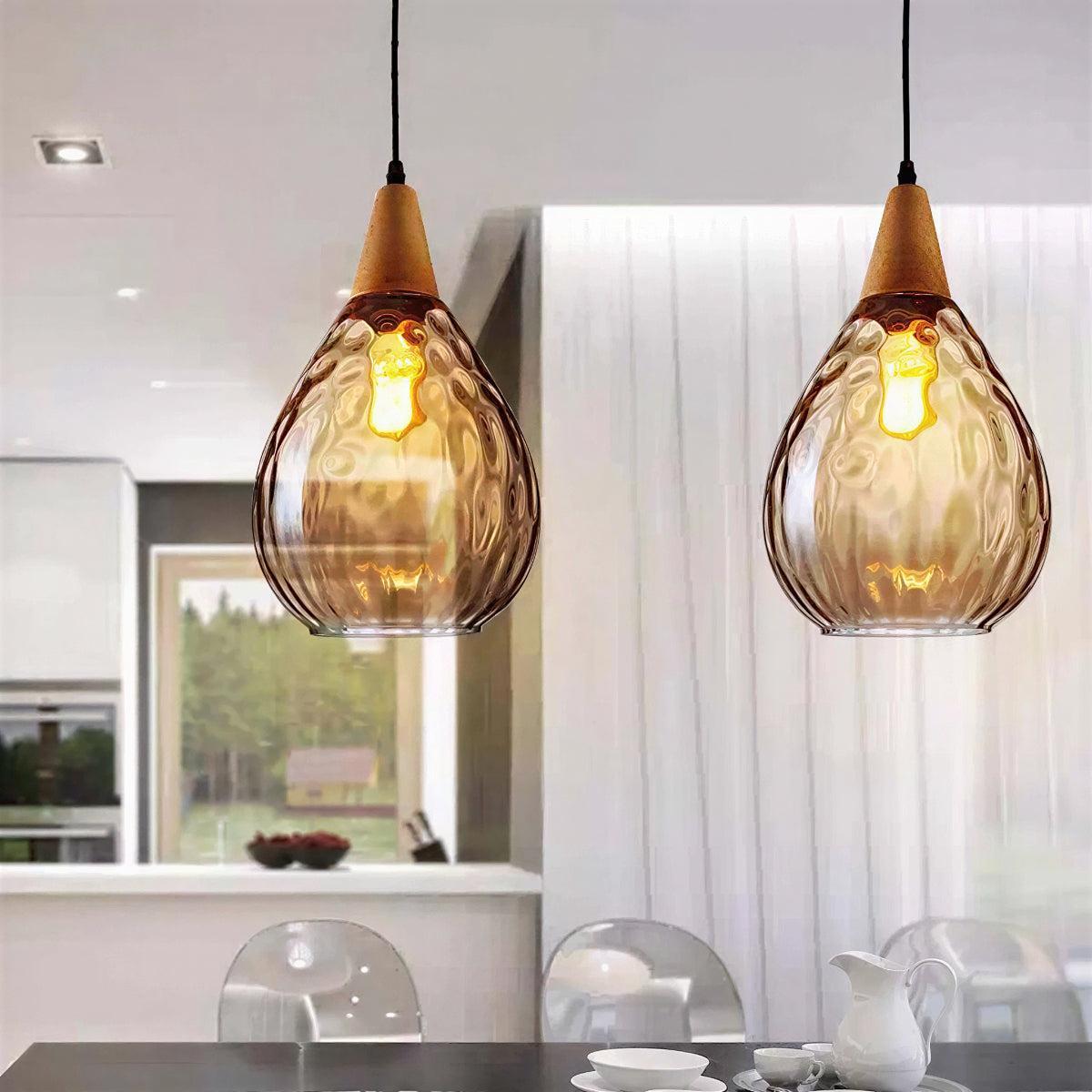 Teardrop Pendant Light With Glass Shade And Wooden Accent