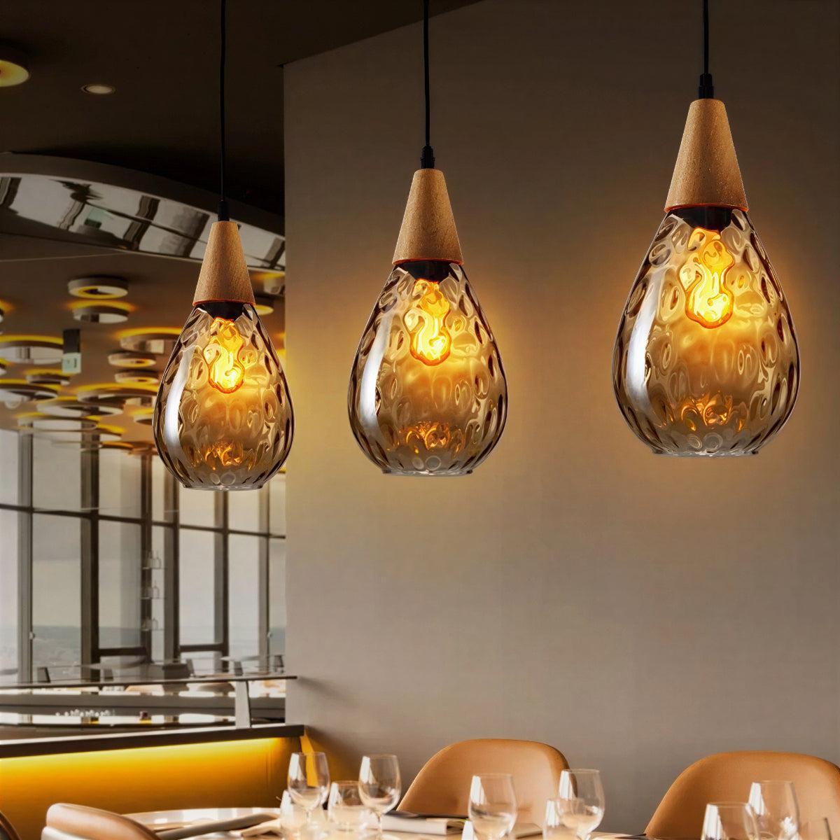 Teardrop Pendant Light With Glass Shade And Wooden Accent