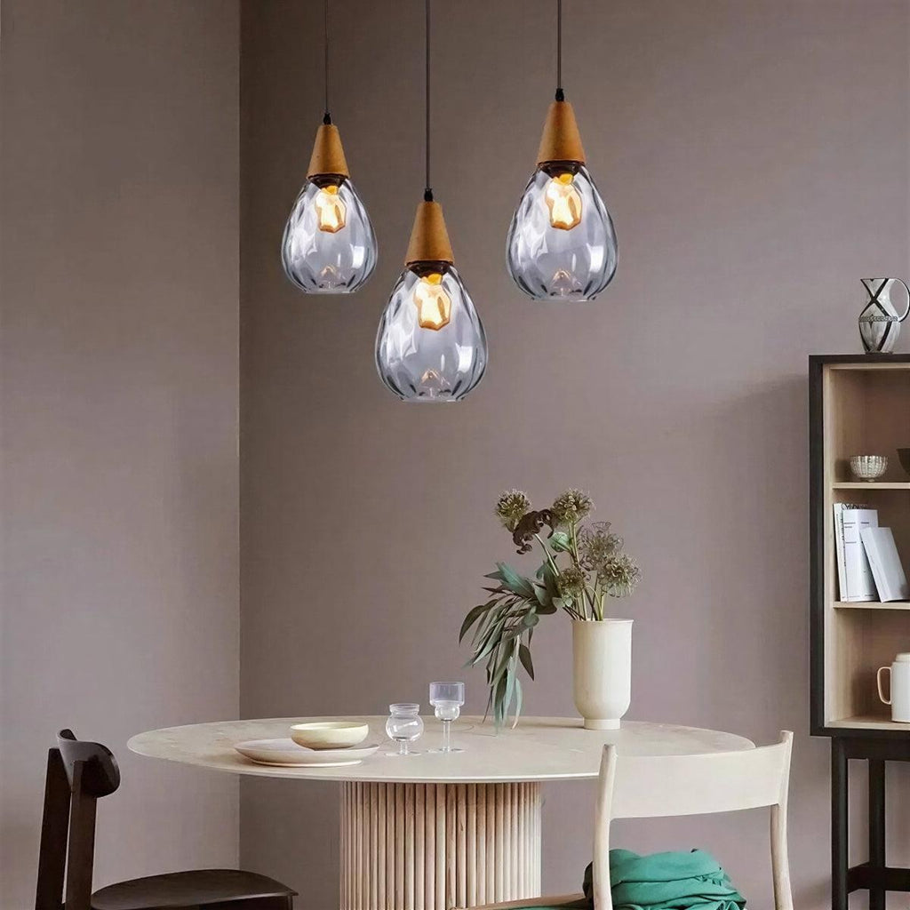 Teardrop Pendant Light With Glass Shade And Wooden Accent