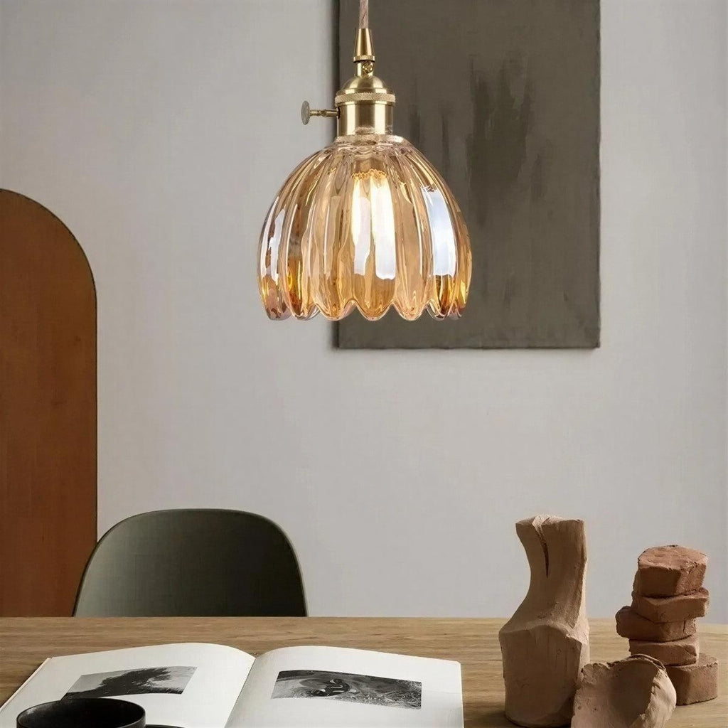 Traditional Pendant Light With Flower Shaped Glass Shade