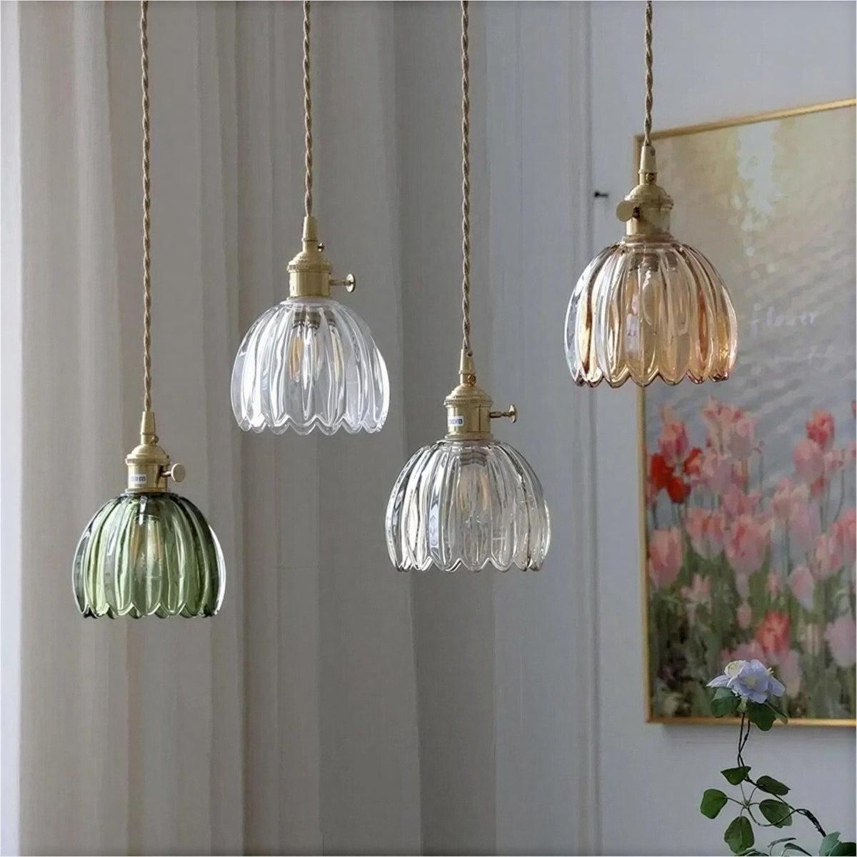 Traditional Pendant Light With Flower Shaped Glass Shade