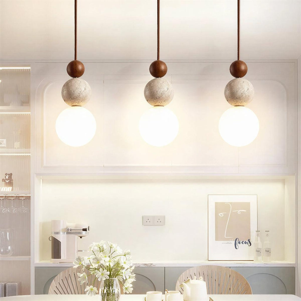 Travertine Pendant Light With Sculptural Stacked Globe Spheres