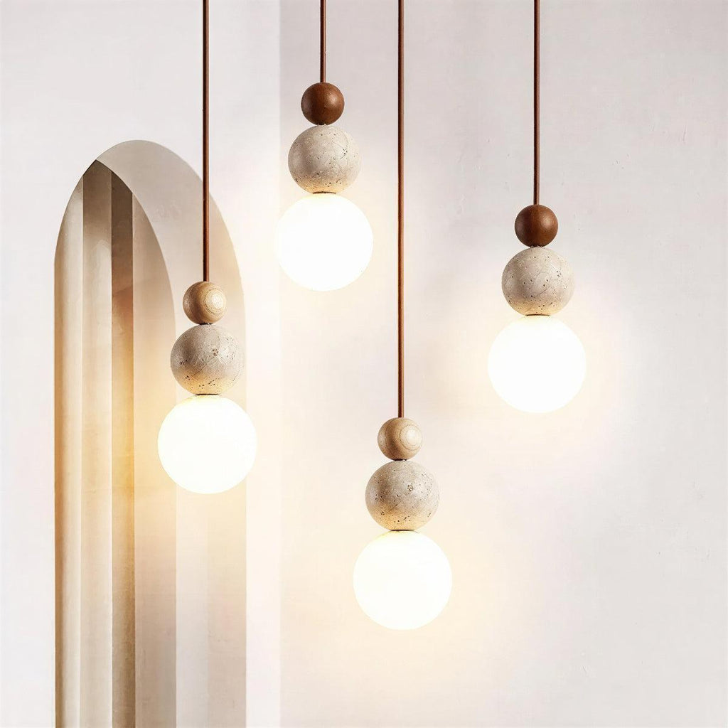 Travertine Pendant Light With Sculptural Stacked Globe Spheres