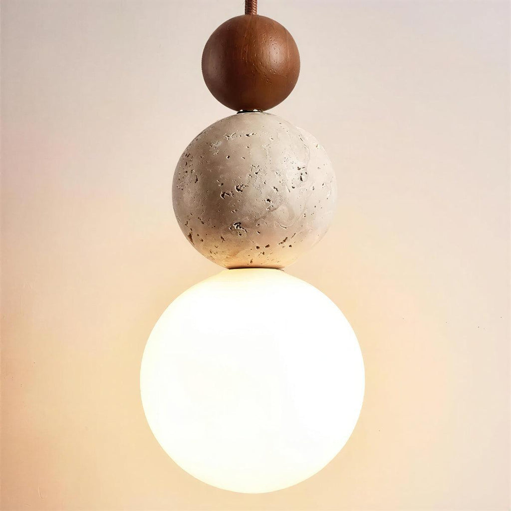 Travertine Pendant Light With Sculptural Stacked Globe Spheres