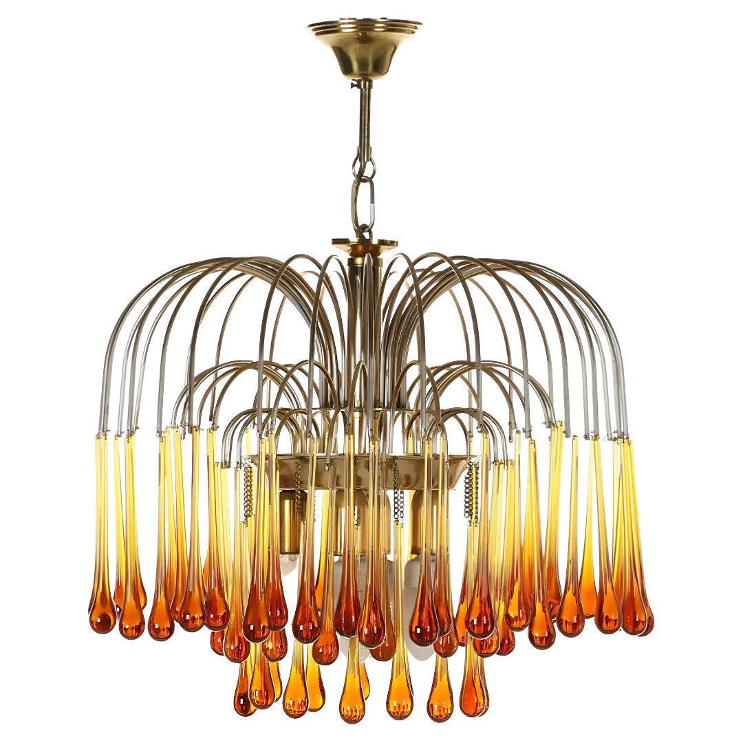 Vintage Murano Style Ceiling Chandelier With Cascading Teardrops