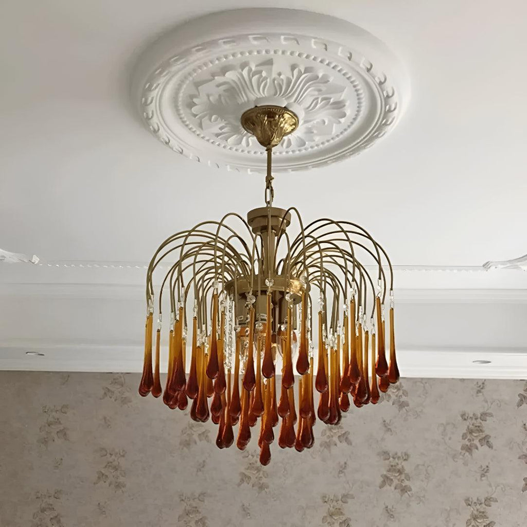 Vintage Murano Style Ceiling Chandelier With Cascading Teardrops