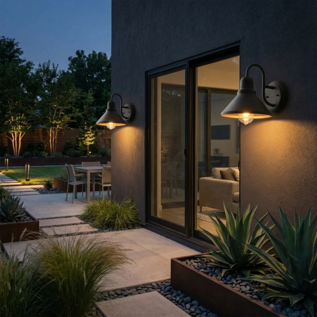 Vintage Outdoor Wall Light With Barn Shade And Gooseneck Design