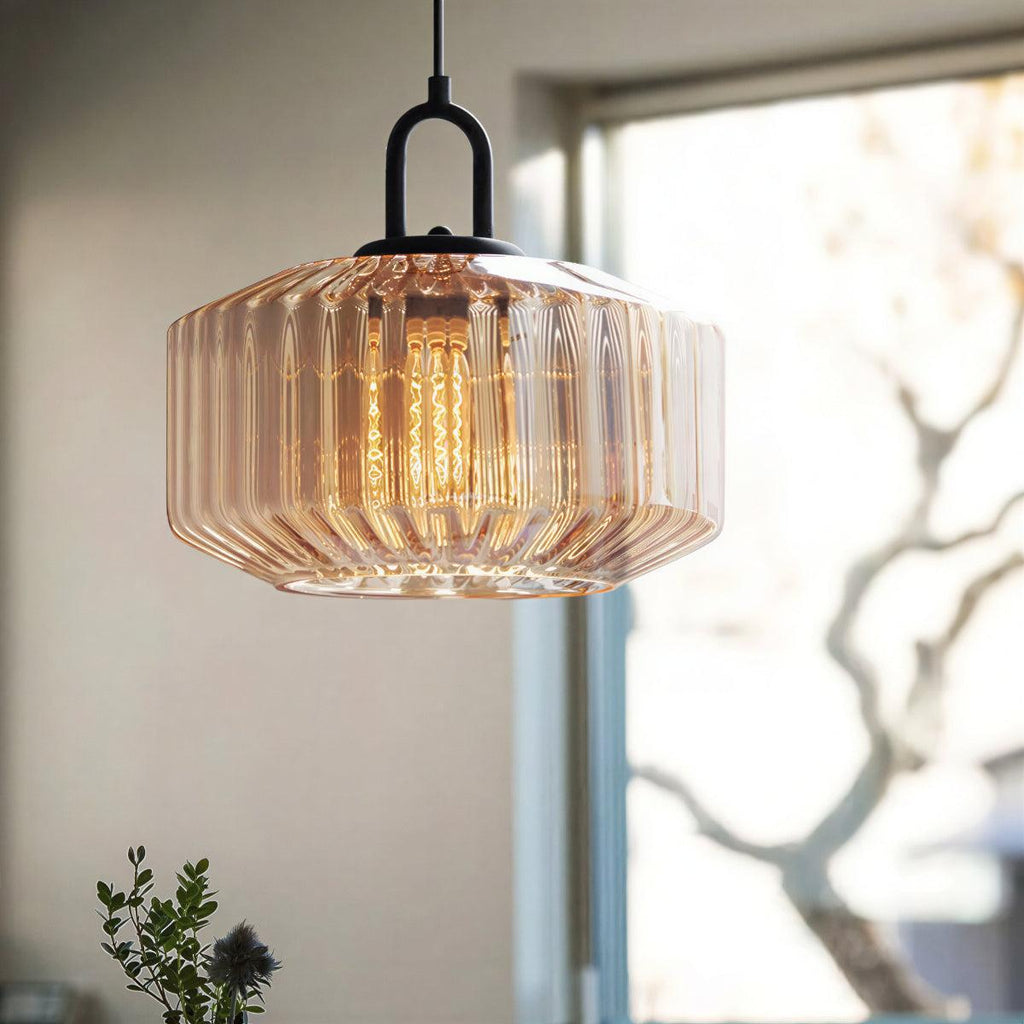 Vintage Retro Ribbed Glass Shade Pendant Lighting Fixture