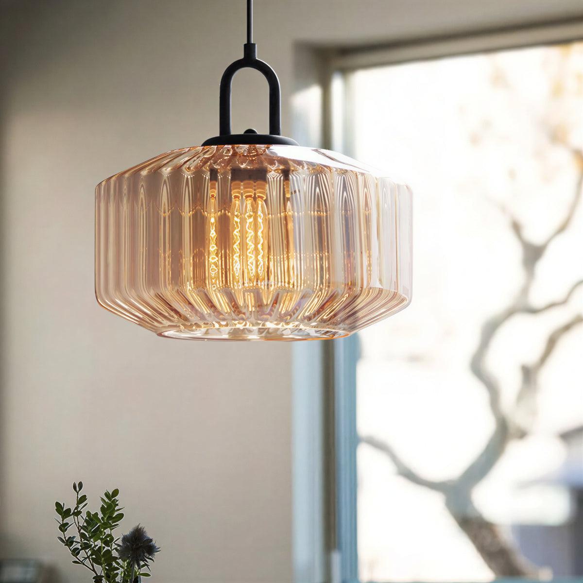 Vintage Retro Ribbed Glass Shade Pendant Lighting Fixture