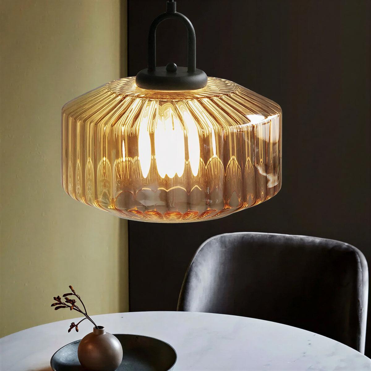 Vintage Retro Ribbed Glass Shade Pendant Lighting Fixture