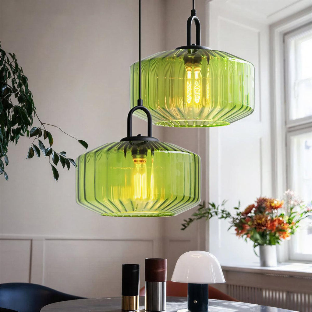 Vintage Retro Ribbed Glass Shade Pendant Lighting Fixture