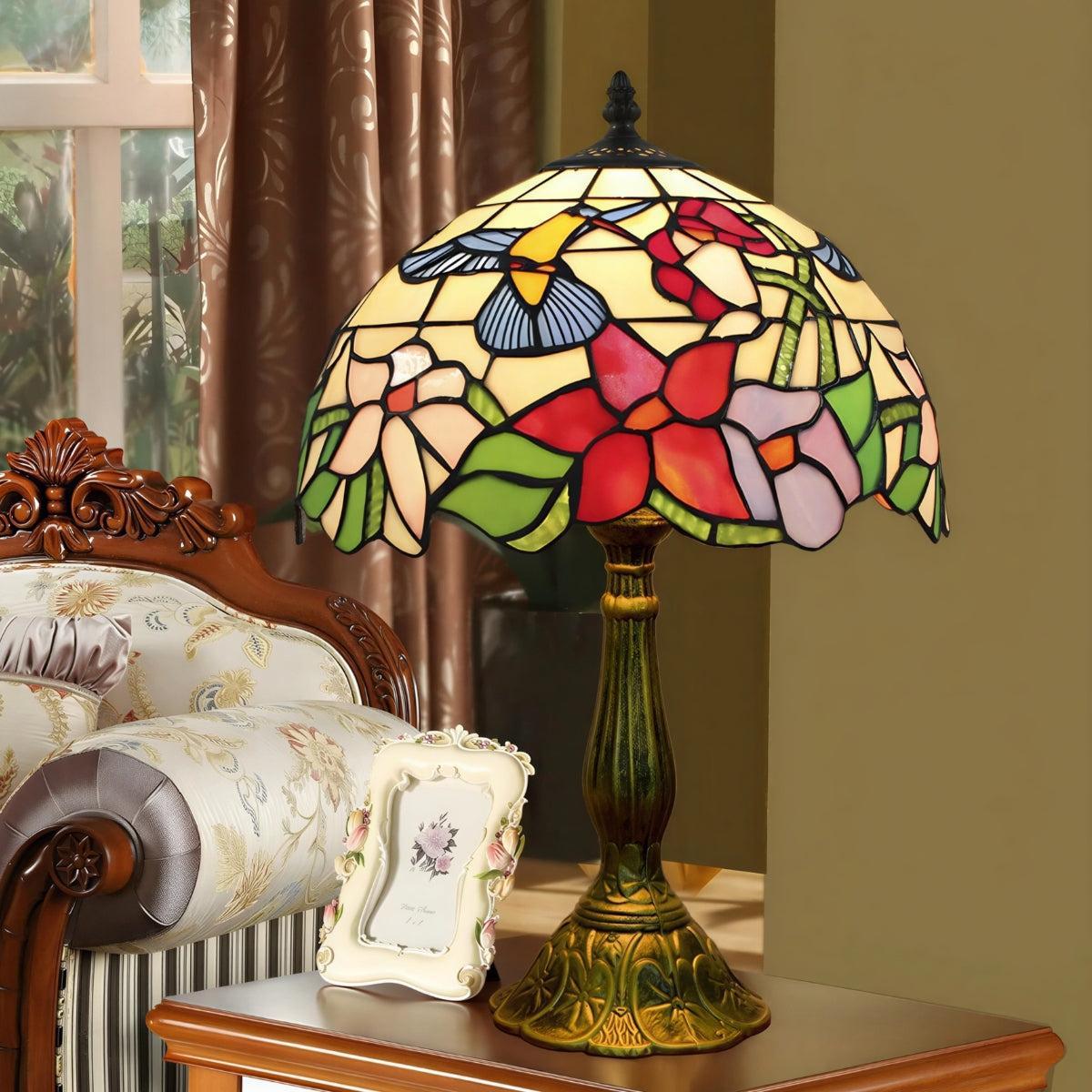 Vintage Stained Glass Table Lamp With Floral Pattern