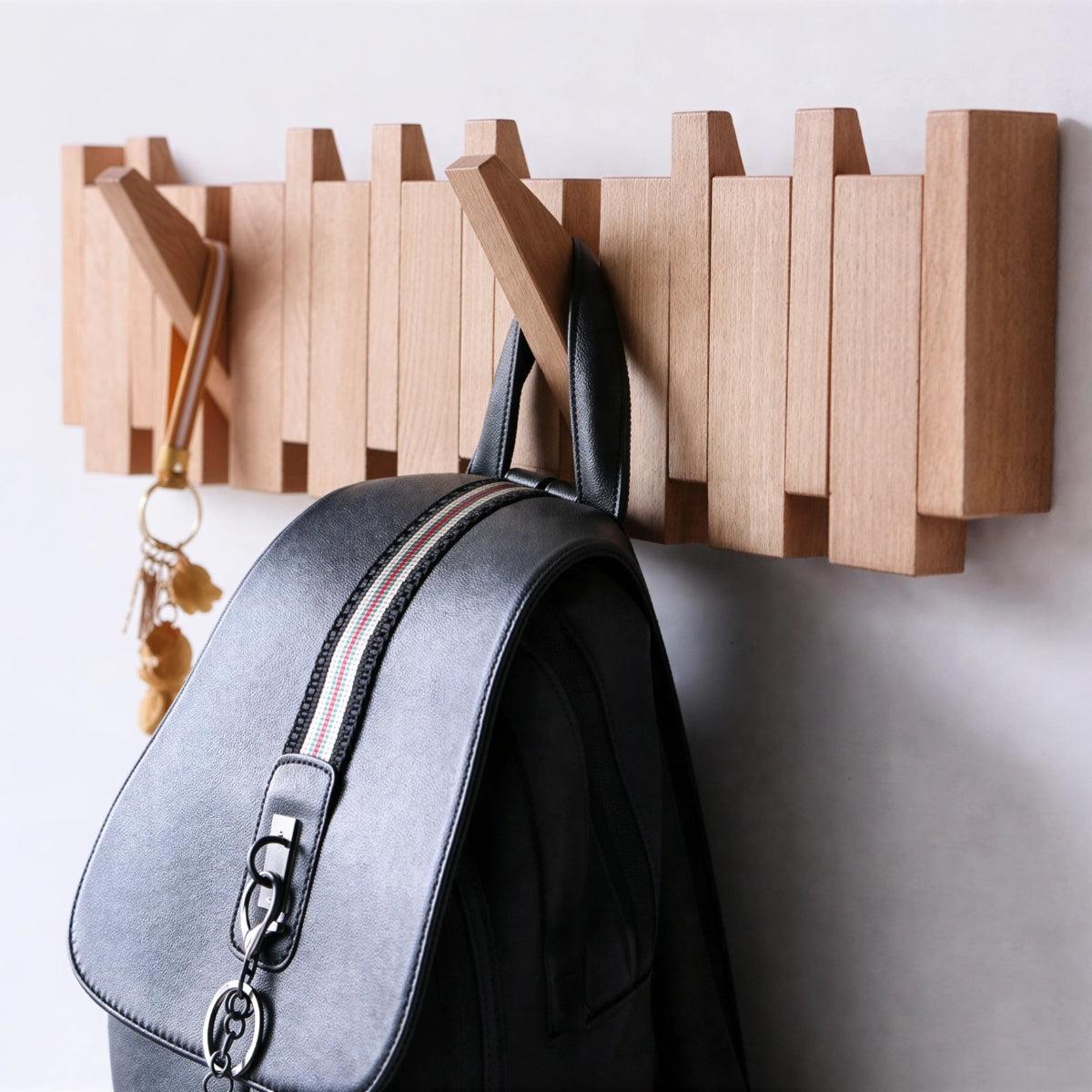 Wall Mounted Coat Rack With Piano Style Hooks And Key Holder For Entryway