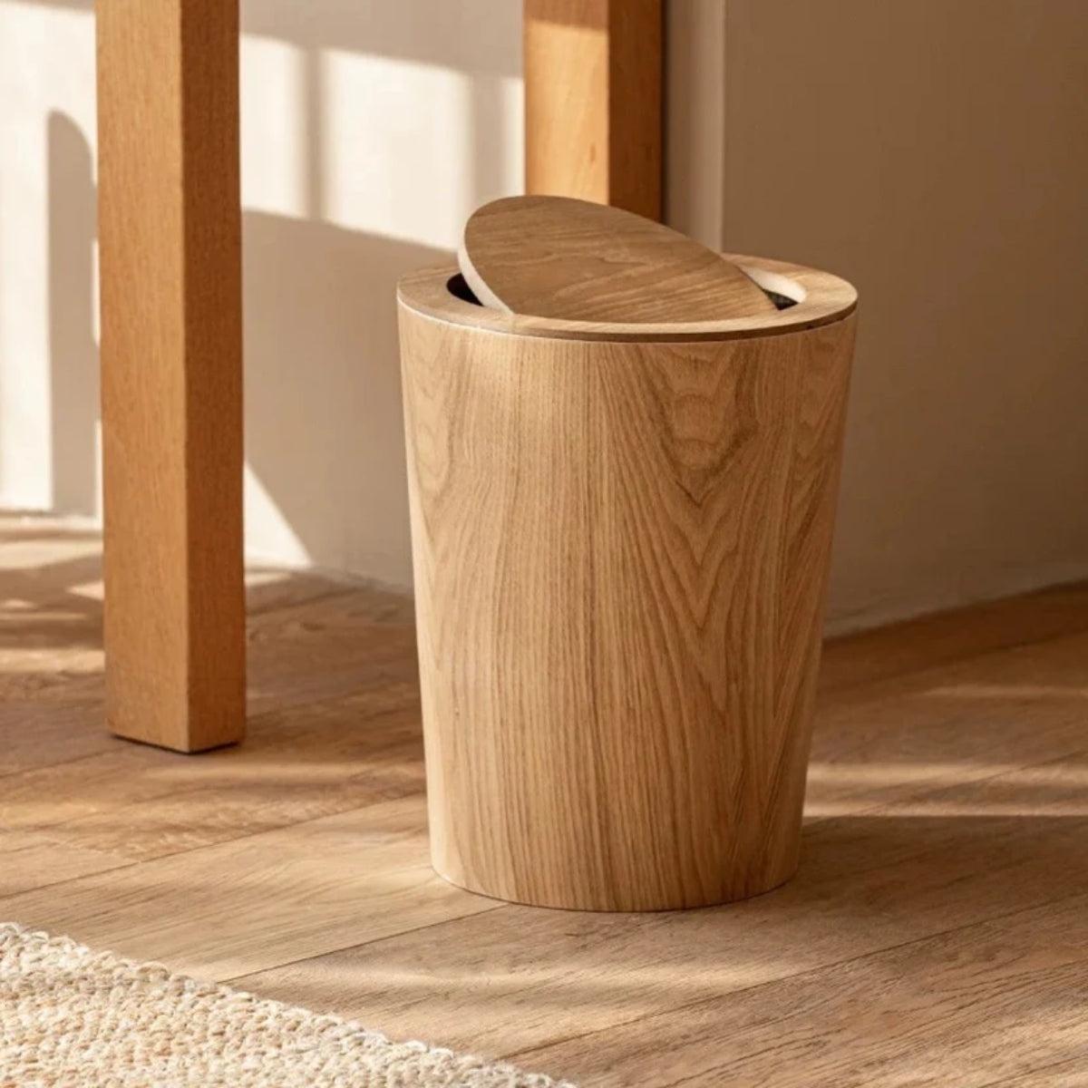 Wood Styled Garbage Can With Rotating Lid And Dual Layer