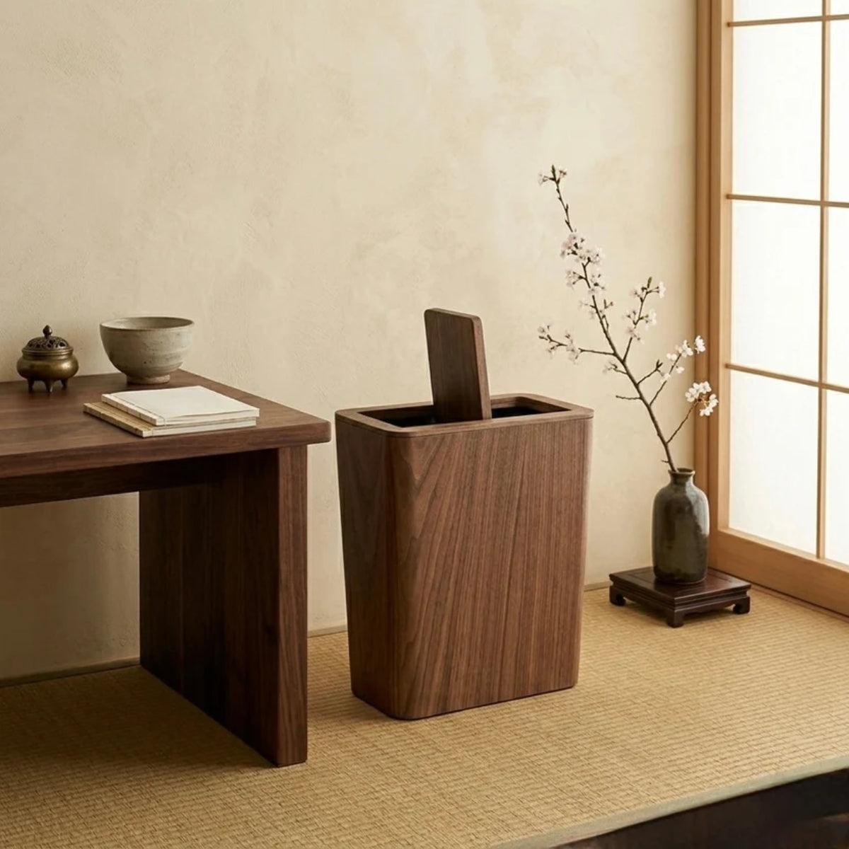 Wood Styled Garbage Can With Rotating Lid And Dual Layer